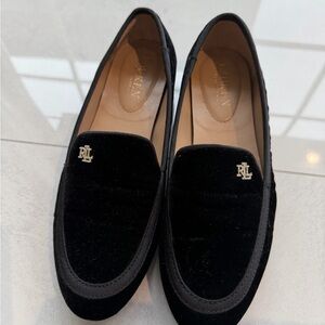 Ralph Lauren Black Velvet Loafers with Gold RL Pin